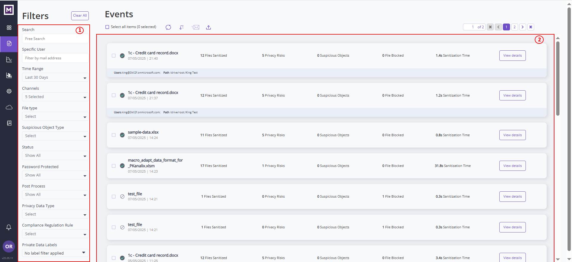 Votiro's Secure File Gateway - Management Dashboard Exploring Incidents