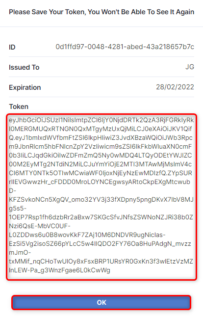 Create service token - copy token