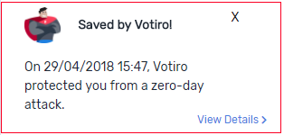 Votiro's Secure File Gateway - Management Dashboard Zero Day Detection Notification Message