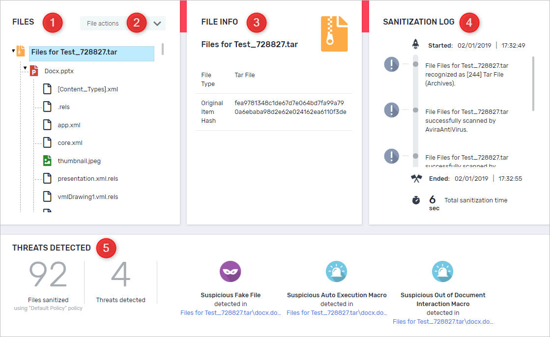 Votiro's Secure File Gateway - Management Dashboard Viewing Detailed File Information