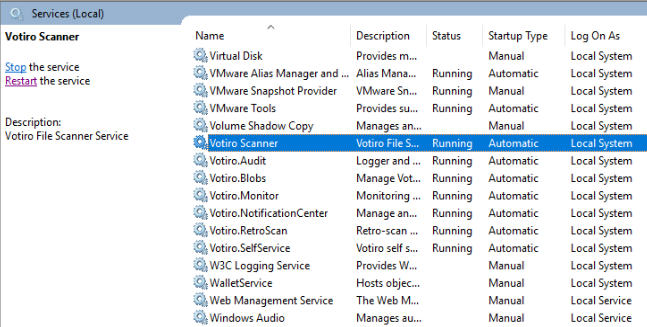 Windows Services Screen for Votiro Disarmer and Votiro Management Platform