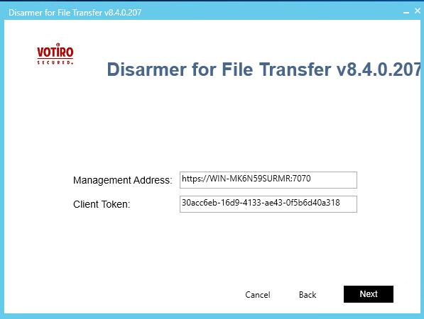 Votiro's Secure File Gateway for File Transfer - Installation Management Address and Client Token