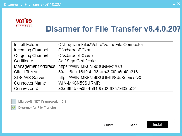 Votiro's Secure File Gateway for File Transfer - Installation Summary Details