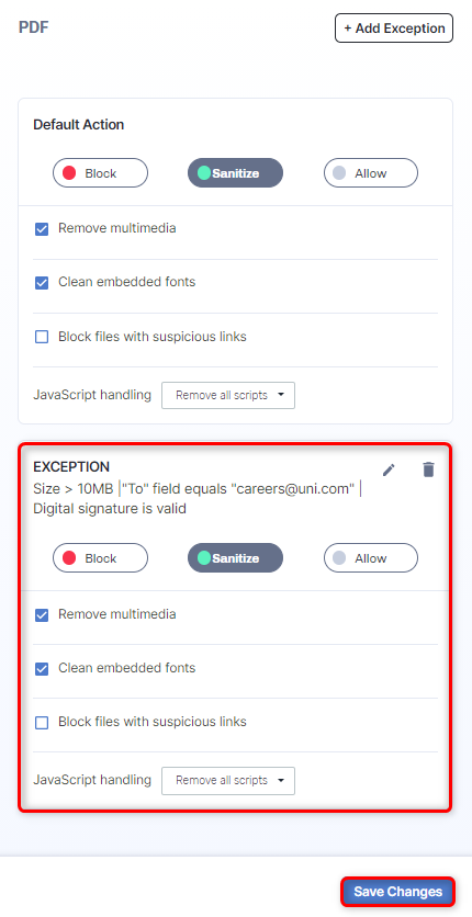 Votiro's Secure File Gateway - New Policy Exception