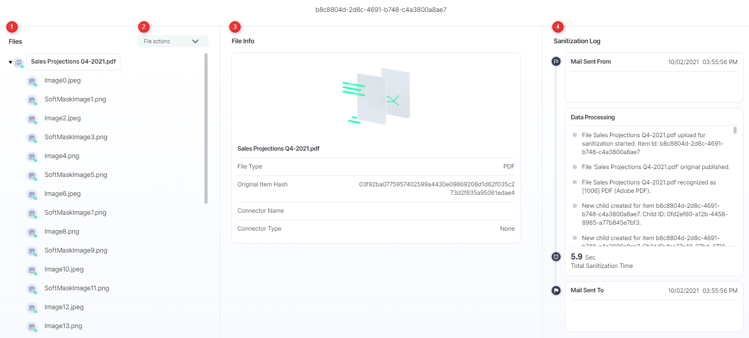 Votiro's Secure File Gateway - Management Dashboard  File Information